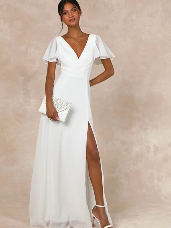 Lulus Dresses & Skirts - NEW Lulu's White V-Neck Flutter Sleeve Maxi Dress with Side Slit